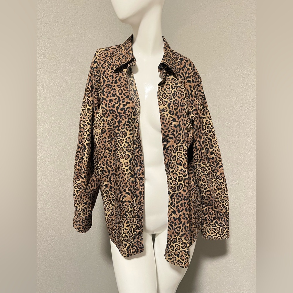 CHAPS Plus Women’s Black & Brown Cotton Animal Print BD LS Shirt Size 1X - Picture 3 of 11